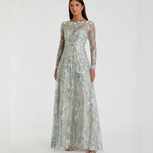 MAC DUGGAL Floral Embroidered Illusion Long Sleeve Gown